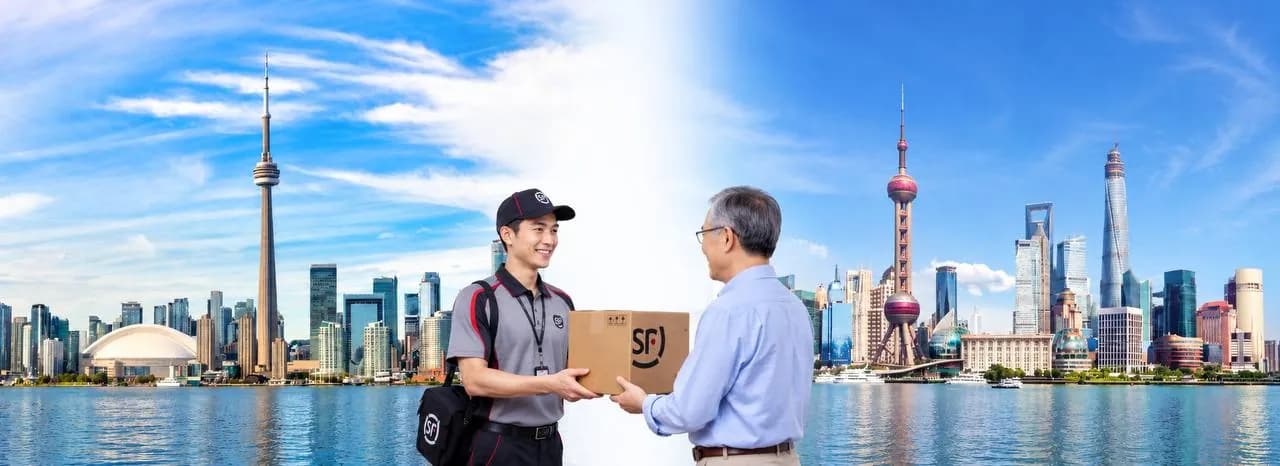 Toronto and Shanghai cityscape promoting delivery to Mainland China